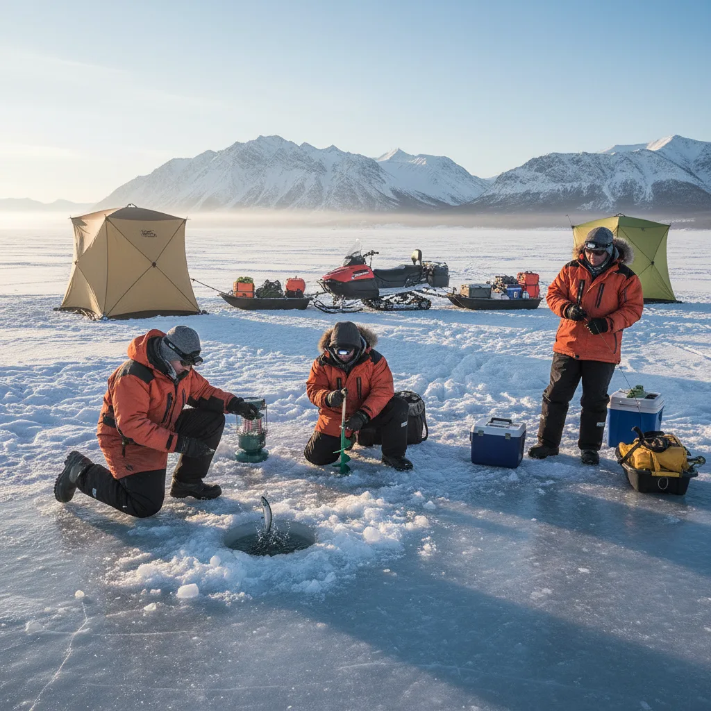 Grupo de participantes durante ice fishing