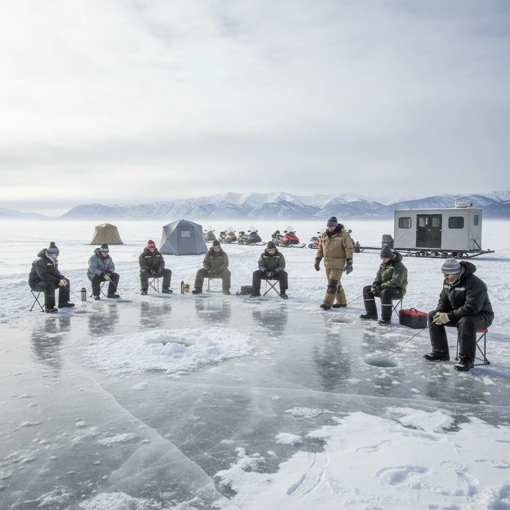 Participantes em tour de ice fishing curtindo o cenário nevado