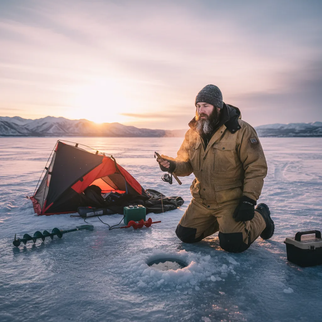 Expedição premium de ice fishing em lago congelado, equipe reunida sobre o gelo
