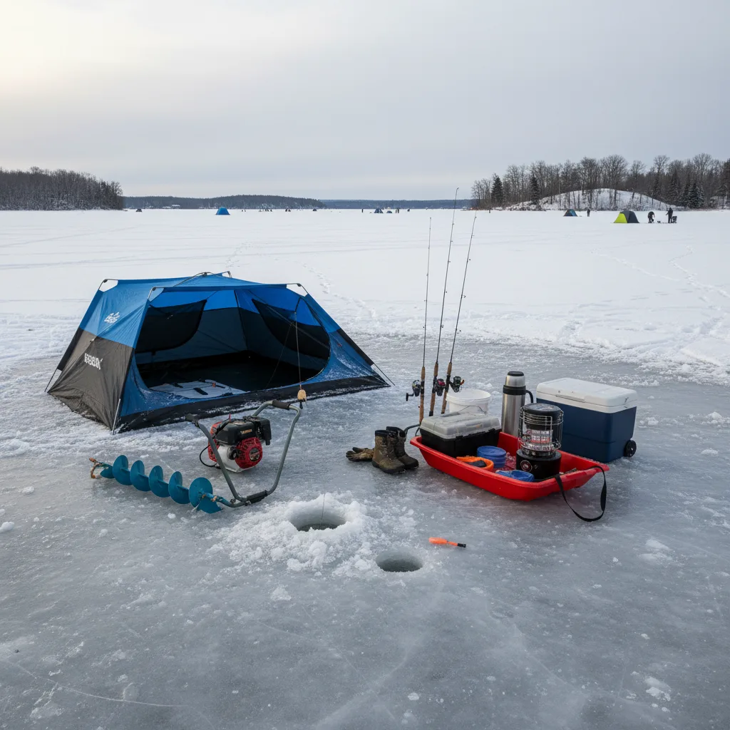 Equipamentos de ice fishing dispostos no gelo durante tour
