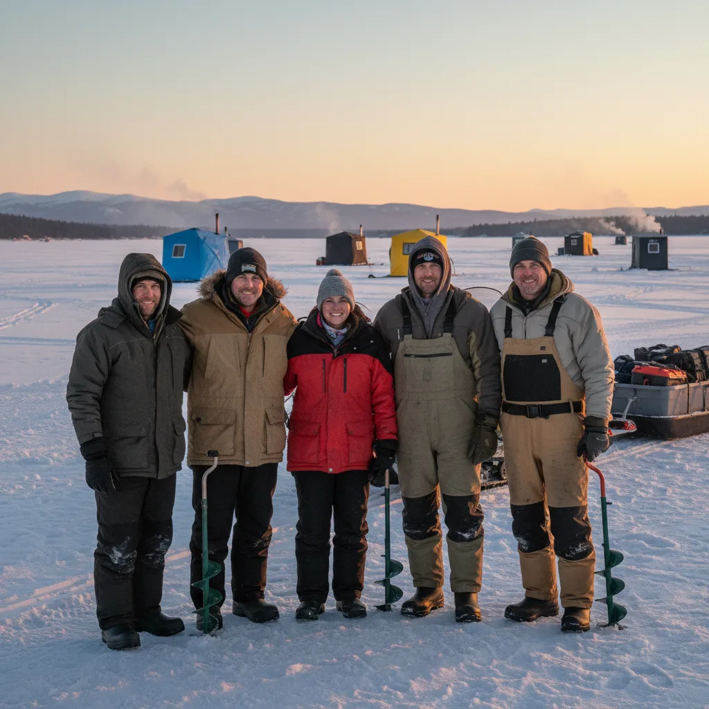 Guias especializados em ice fishing sorrindo sobre o lago congelado