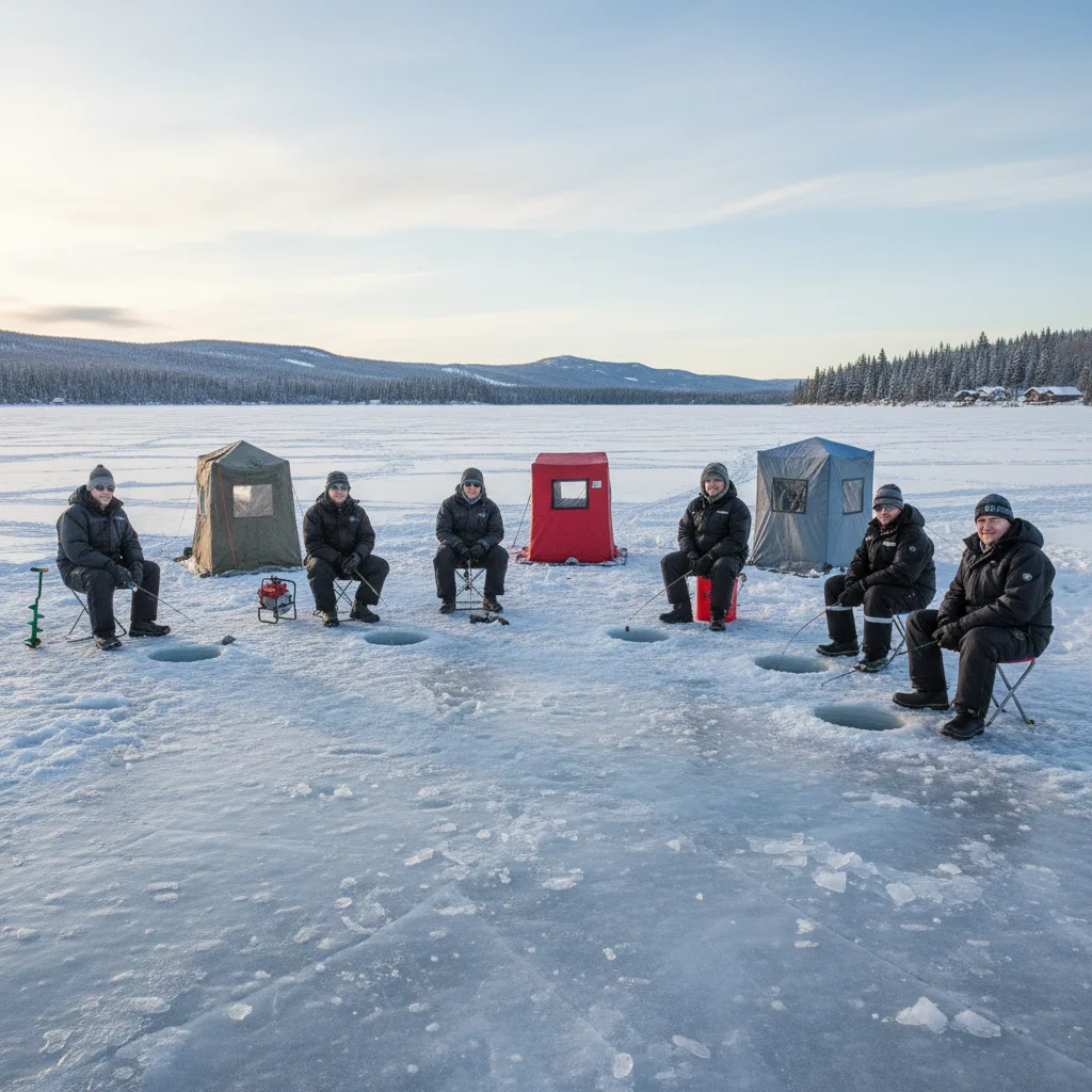Grupo de ice fishing em lago coberto de gelo, barracas ao fundo